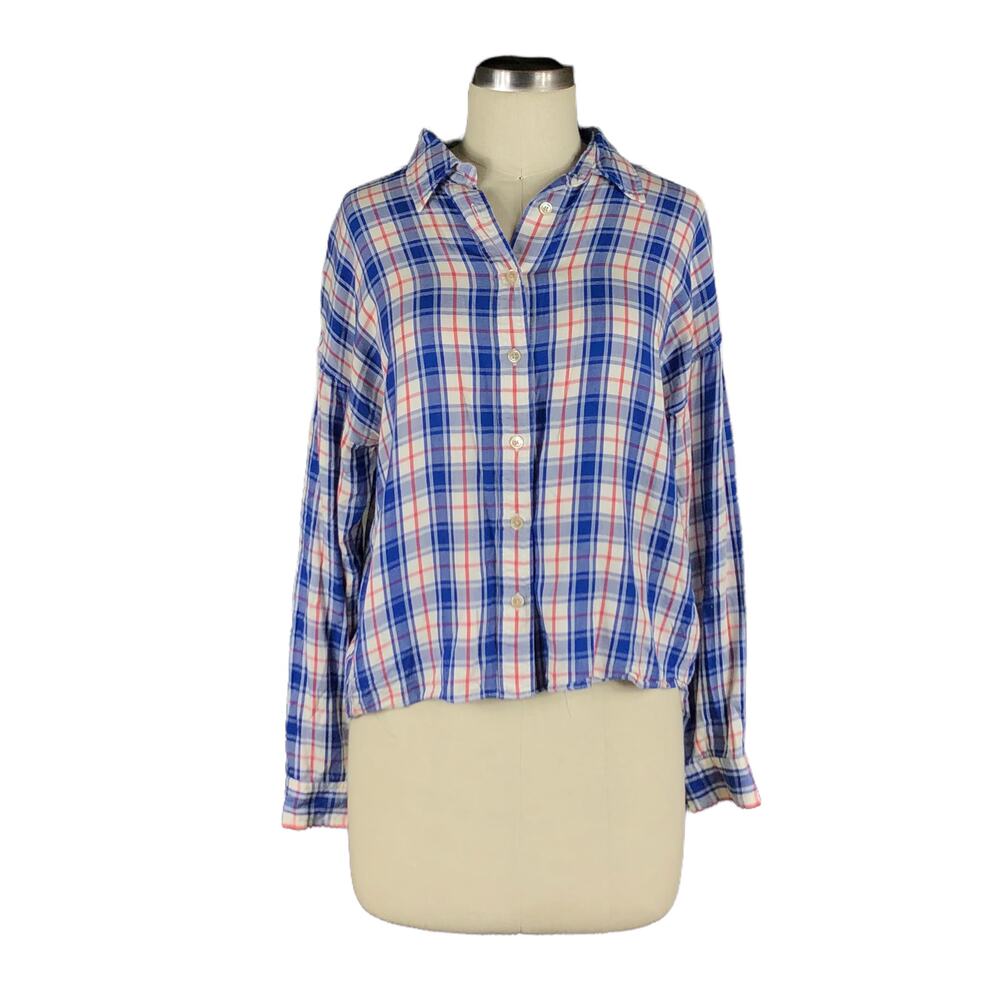 WILFRED FREE Red White Blue Plaid Button Down Blouse Shirt Size Small
